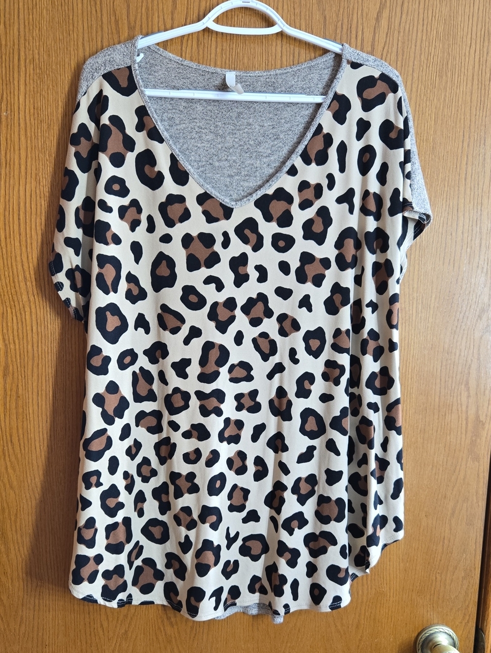 Leopard Print V-Neck Tunic Top in Beige and Brown